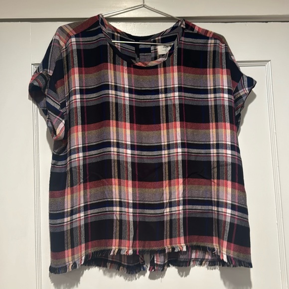 Cloth & Stone for Anthropologie Mallory Plaid Short Sleeve Back Button Blouse-Sm - Picture 3 of 13